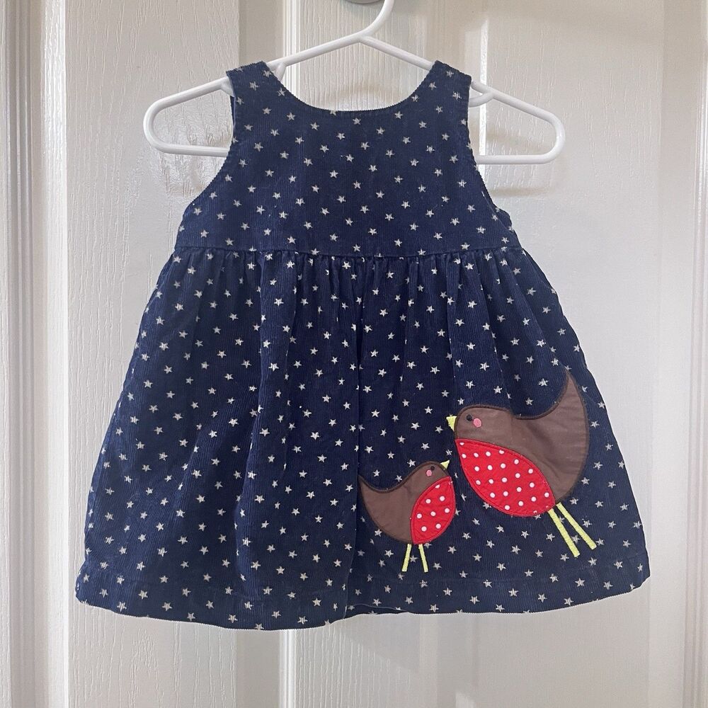 Baby Boden Blue Corduroy Robin Bird Applique Star Pinnie Dress Girls 3-6 Months
